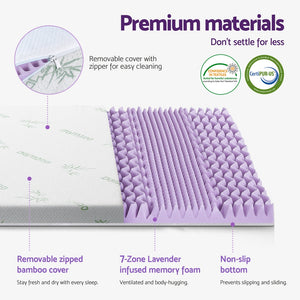 Memory Foam Topper | 8cm | 7-Zone Lavender | Bamboo Cover | King Single