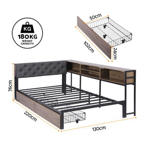 King Single Bed Frame | 2 Drawers | Charging Station | Metal Base