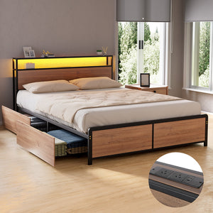 Artiss Metal Bed Frame | Double | 2-Tier Storage Headboard | 4 Drawers | LED + USB | Vintage Brown