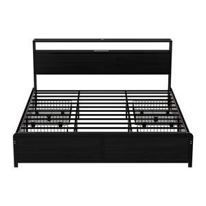 Metal Bed Frame | King | Storage Headboard | LED + Charging Station | 4 Drawers
