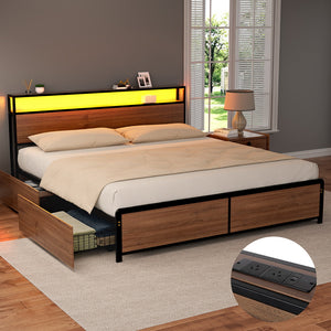 Artiss Metal Bed Frame | King | 2-Tier Storage Headboard | 4 Drawers | LED + USB | Vintage Brown