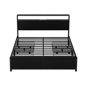 Metal Bed Frame | Queen | Storage Headboard | LED + Charging Station | 4 Drawers