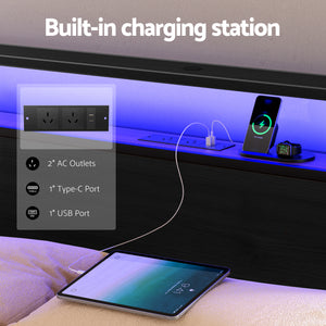Metal Bed Frame | Queen | Storage Headboard | LED + Charging Station | 4 Drawers