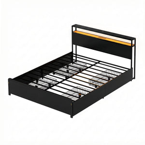 Metal Bed Frame | Queen | Storage Headboard | LED + Charging Station | 4 Drawers