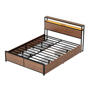 Artiss Metal Bed Frame | Queen | 2-Tier Storage Headboard | 4 Drawers | LED + USB | Vintage Brown