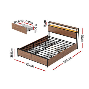 Artiss Metal Bed Frame | Queen | 2-Tier Storage Headboard | 4 Drawers | LED + USB | Vintage Brown