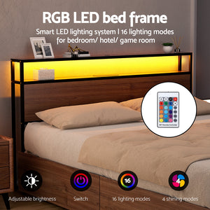 Artiss Metal Bed Frame | Queen | 2-Tier Storage Headboard | 4 Drawers | LED + USB | Vintage Brown