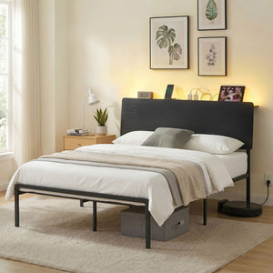Queen Bed Frame | LED Metal Bed Base with Charging Station