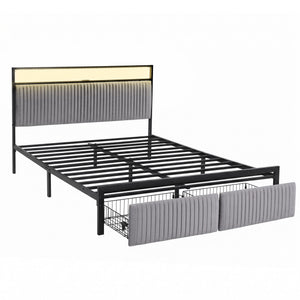Artiss Metal Bed Frame Queen Size LED Charging Station 2 Drawers