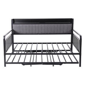 Artiss Bed Frame Double LED Metal Trundle Daybed with Charging Station TURN