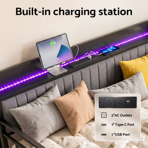 Artiss Bed Frame Double LED Metal Trundle Daybed with Charging Station TURN