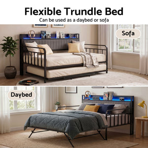 King Single Bed Frame | LED Metal Trundle Daybed with Charging Station