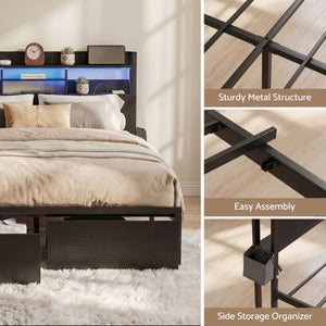 King Bed Frame | LED Storage Bed with Charging Station & Drawers