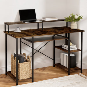 Computer Desk 120cm | Laptop & Study Table with Open Shelf | Brown Finish