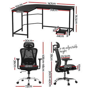 Artiss Office Set | L-Shape Corner Desk + Ergonomic Mesh Chair | Study or Home Office