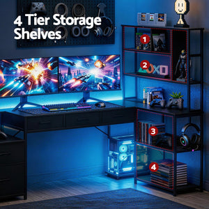 Artiss 200cm L Shaped Gaming Desk Computer Desk with LED Lights & Power Outlets