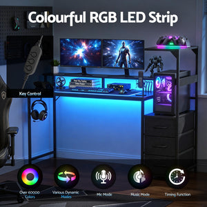 L-Shaped Gaming Desk | 145cm | LED Lights & Power Outlets