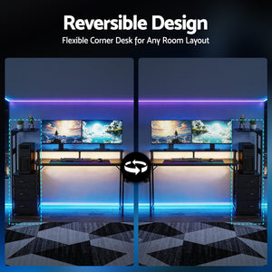 L-Shaped Gaming Desk | 145cm | LED Lights & Power Outlets