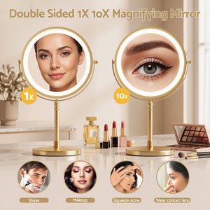Lighted Makeup Mirror | 10x Magnifying Double Sided Table Mirror | Gold