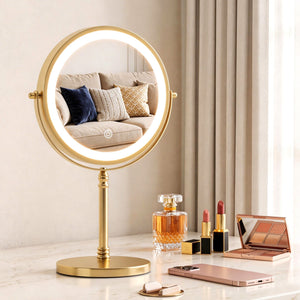 Lighted Makeup Mirror | 10x Magnifying Double Sided Table Mirror | Gold