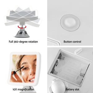 Makeup Mirror | 10x Magnification | LED Light | Adjustable Rotation | Cordless Suction Cup Mount