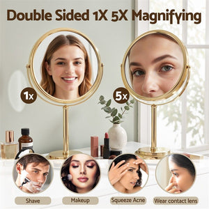 Makeup Mirror | 20 x 20cm Rotating 1x & 5x Magnifying Mirror | Gold
