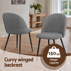 Dining Chairs Set 2pc | Linen Upholstery | Curved Back | Houndstooth