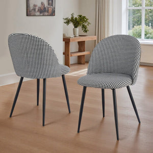 Dining Chairs Set 2pc | Linen Upholstery | Curved Back | Houndstooth