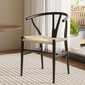 1x | Dining Chair | Wooden Rattan | Wishbone | Black