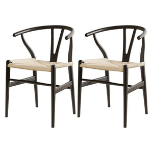 Dining Chairs | Wooden Rattan | Wishbone Design | Black | Set of 2