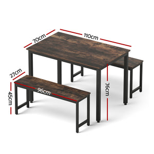 Dining Table + Chairs Set 3pc | Bench Seating | Metal Frame | Dark Walnut