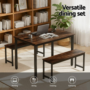 Dining Table + Chairs Set 3pc | Bench Seating | Metal Frame | Dark Walnut