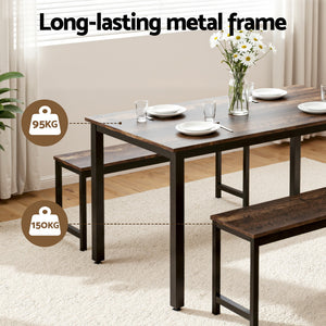 Dining Table + Chairs Set 3pc | Bench Seating | Metal Frame | Dark Walnut