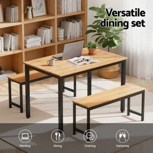 3pc Dining Set | Table + Bench Seats | Metal Frame | Natural Oak