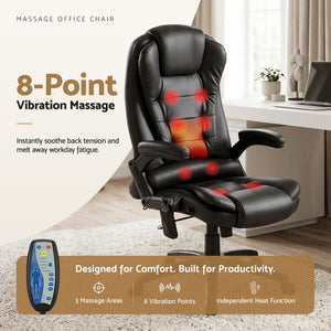 8 Point Massage Office Chair | Heated Seat Recliner | PU | Black