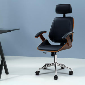 Wooden Office Chair | Leather Seat | Black