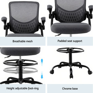 Office Drafting Chair | Adjustable Stool | Computer Desk | Studio Chair | Mesh | Grey