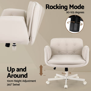 Cross-Legged Desk Chair | Wheels + Armrests | PU Leather | Swivel | Beige