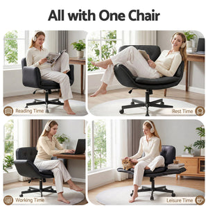 Cross Legged Office Chair | PU Leather Swivel Desk Chair with Wheels | Black