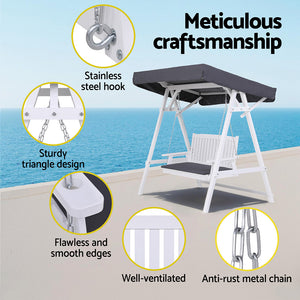 Outdoor Wooden Swing Chair | Garden Bench with Canopy & Cushion | 3-Seater | White