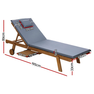 Sun Lounge | Wooden Lounger | Outdoor Furniture | Day Bed Wheels | Patio Grey