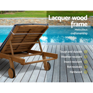 Sun Lounge | Wooden Lounger | Outdoor Furniture | Day Bed Wheels | Patio Grey