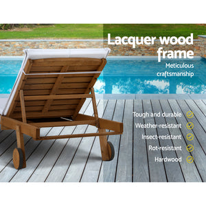 2x Sun Lounge | Wooden Lounger | Outdoor Furniture | Day Bed | Wheel Patio | White