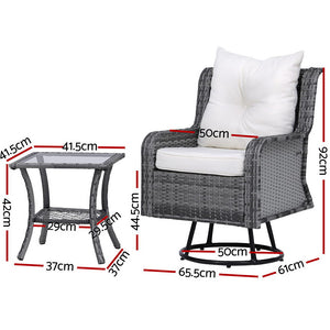 Gardeon 3PC Outdoor Furniture | Bistro Set | Lounge Wicker | Swivel Chairs | Table Cushion | Grey
