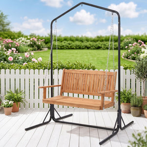 Wooden Outdoor Swing Chair | 2 Seater Hanging Seat with Black Stand