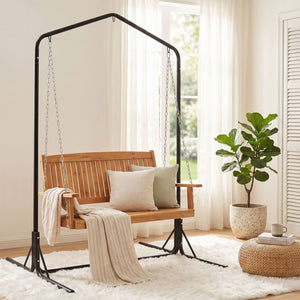 Wooden Outdoor Swing Chair | 2 Seater Hanging Seat with Black Stand