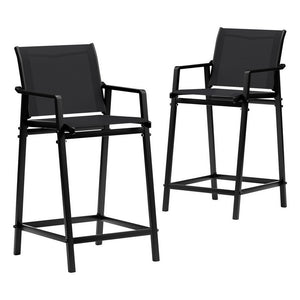 Outdoor Bar Stools Set 2pc | Steel Patio Dining Chairs | Black