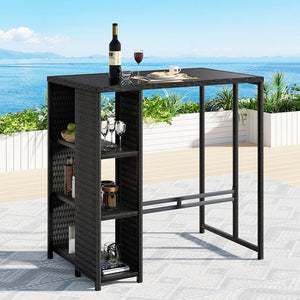 Outdoor Bar Table | Wicker Bistro Dining Glass Desk | Black Steel Frame