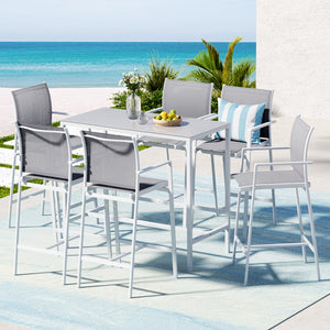 Outdoor Bar Set 7pc | Steel Table + Stools/Chairs | White