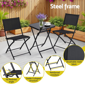Folding Outdoor Bistro Set | Table + Chairs | Steel | Black